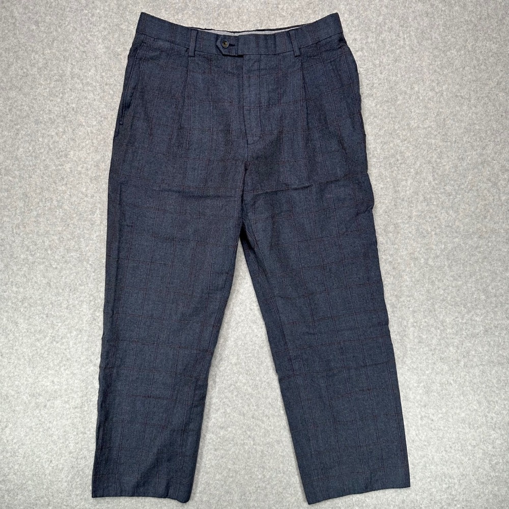 Hart Schaffner Marx Mens 32R (31x26.5) Blue Windowpane Wool Pleated‎ Dress Pants